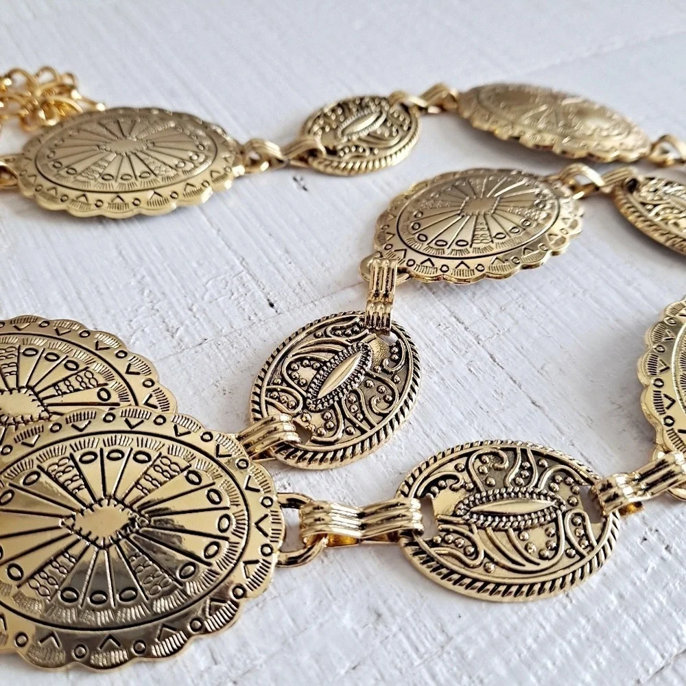 Gold Concho Chain Boho waist Belt Chunky Adjustable Western Festival Medallion